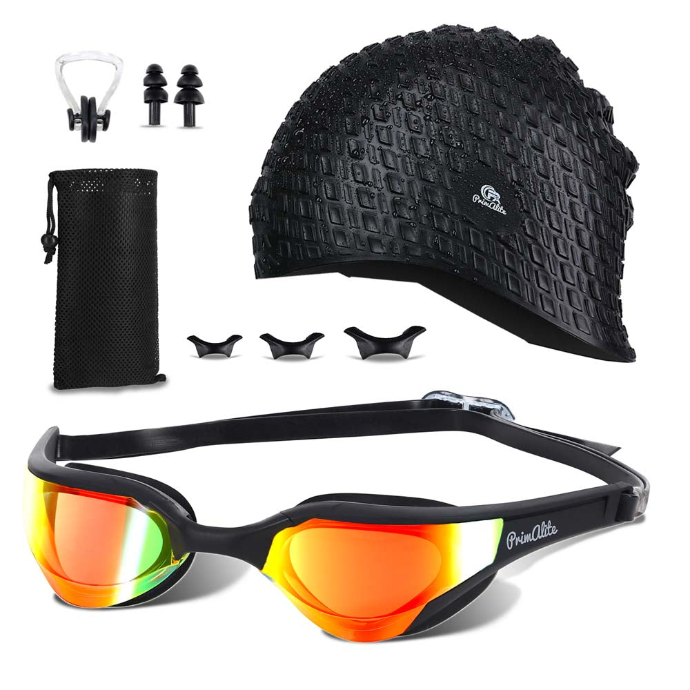 Primalite Swimming Goggles Mirrored & Swim Caps, Nose Clip, Ear Plug & Mesh Bag Set- 3 Sizes Replaceable Nose Bridge- Jet Black