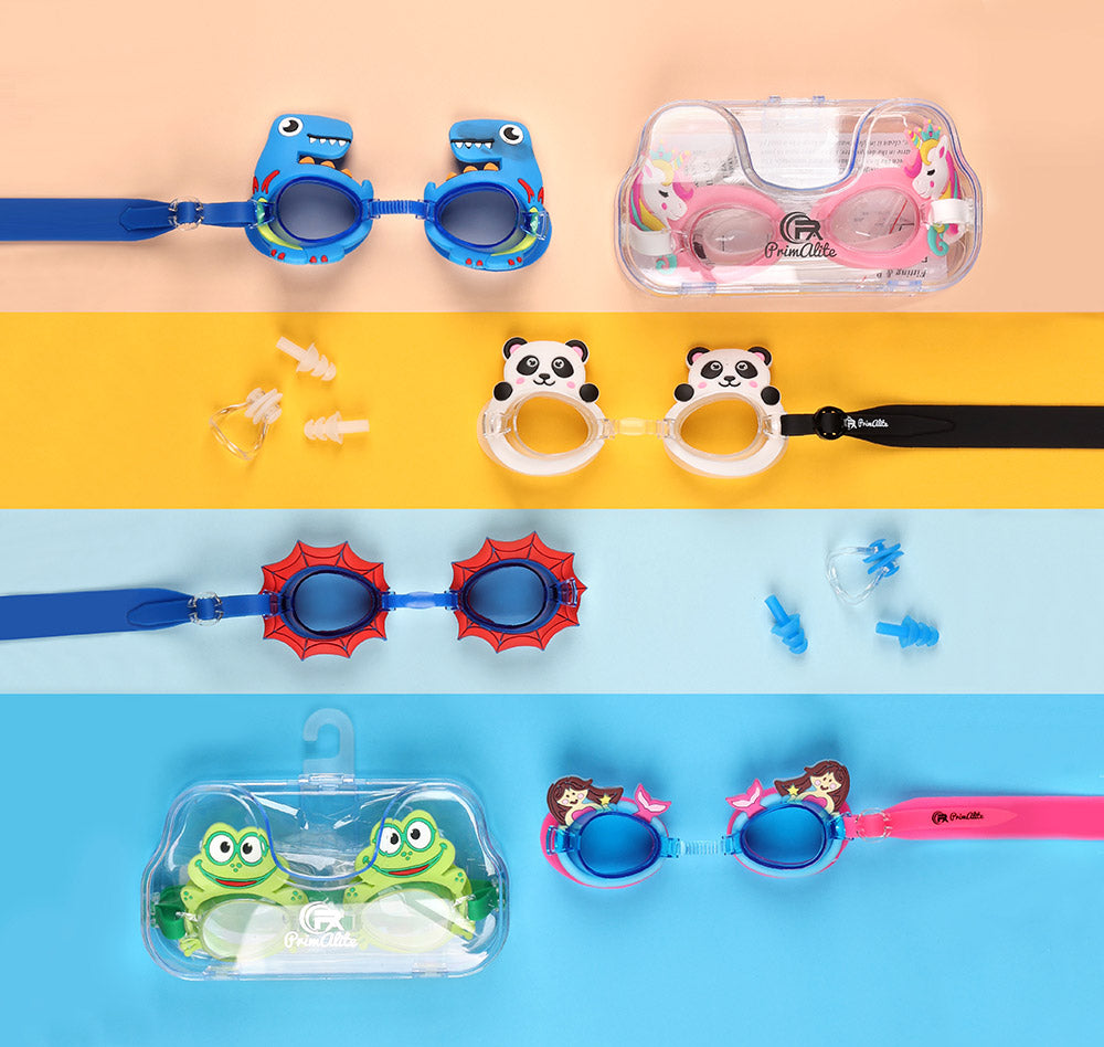 Primalite Swimming Goggles for Kids- Aged 3-12 Years Old, Fun Cartoon Design with Nose Clip & Ear Plug- Panda