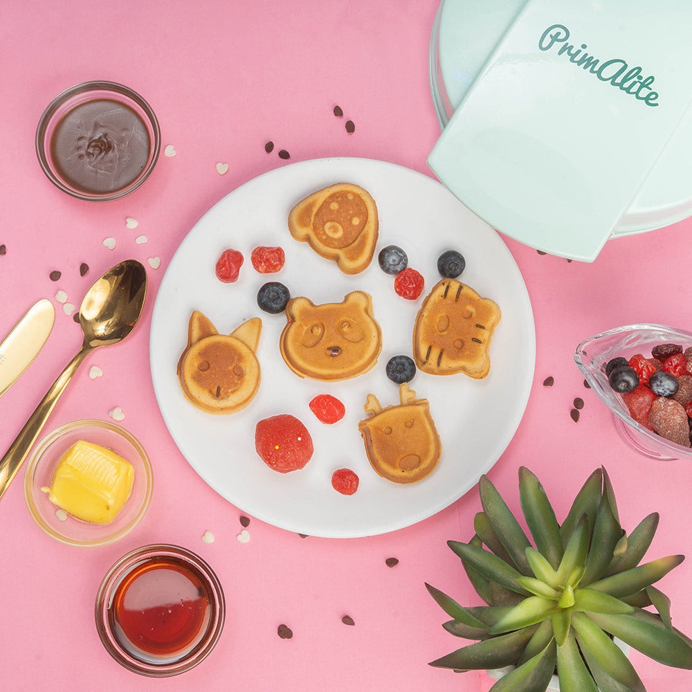 Primalite Animal Waffle Maker Machine- 700 Watts | Make 7 Fun & Cool Panda, Cat, Dog, Tiger & Reindeer Shaped Waffles Or Pancakes For Kids- Matte Black