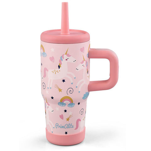 Primalite 450ML KIDS Stainless Steel Insulated Tumbler with Handle & Silicone Straw Lid- Unicorn Rainbows