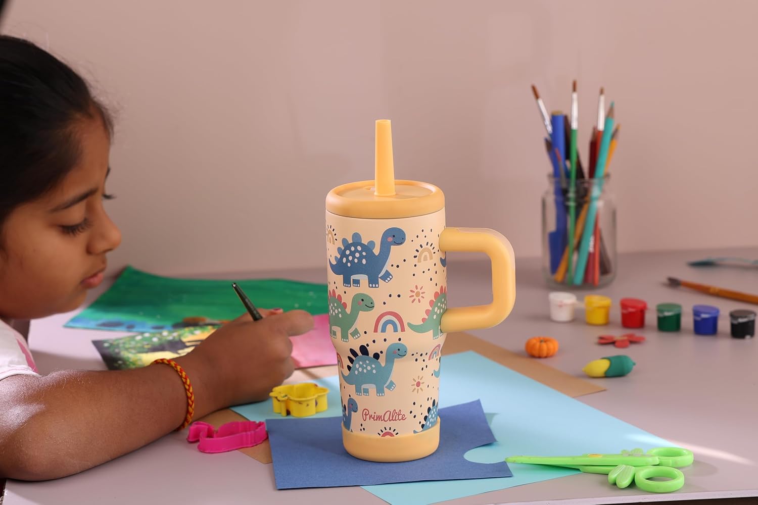 Primalite 450ML KIDS Stainless Steel Insulated Tumbler with Handle & Silicone Straw Lid- Dino Land