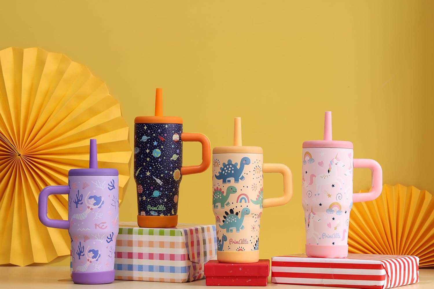 Primalite 450ML KIDS Stainless Steel Insulated Tumbler with Handle & Silicone Straw Lid- Unicorn Rainbows