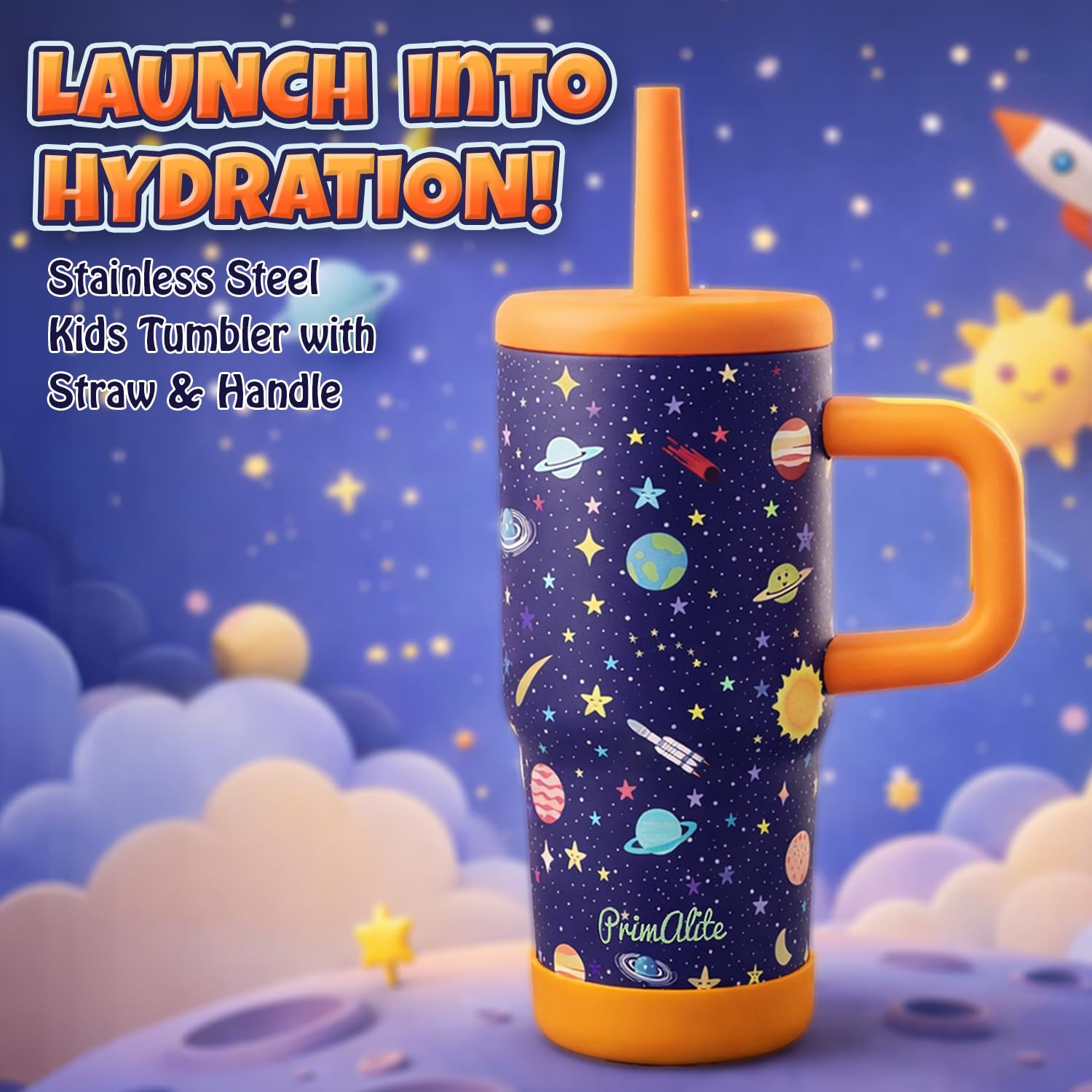 Primalite 450ML KIDS Stainless Steel Insulated Tumbler with Handle & Silicone Straw Lid- Space Explorer