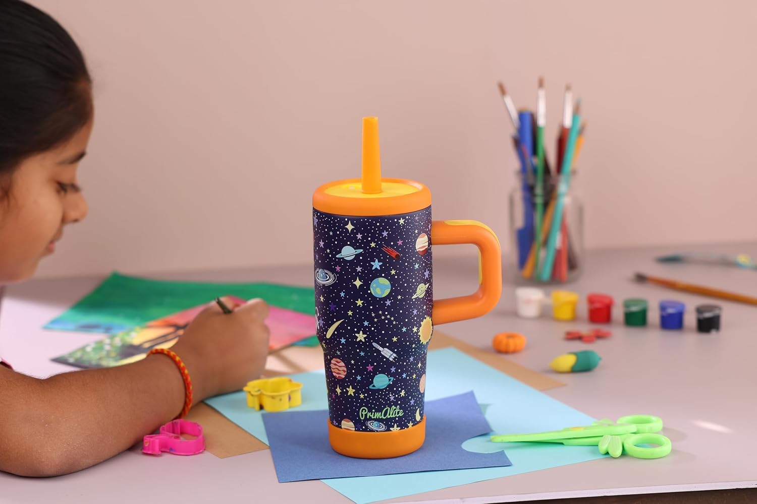 Primalite 450ML KIDS Stainless Steel Insulated Tumbler with Handle & Silicone Straw Lid- Space Explorer