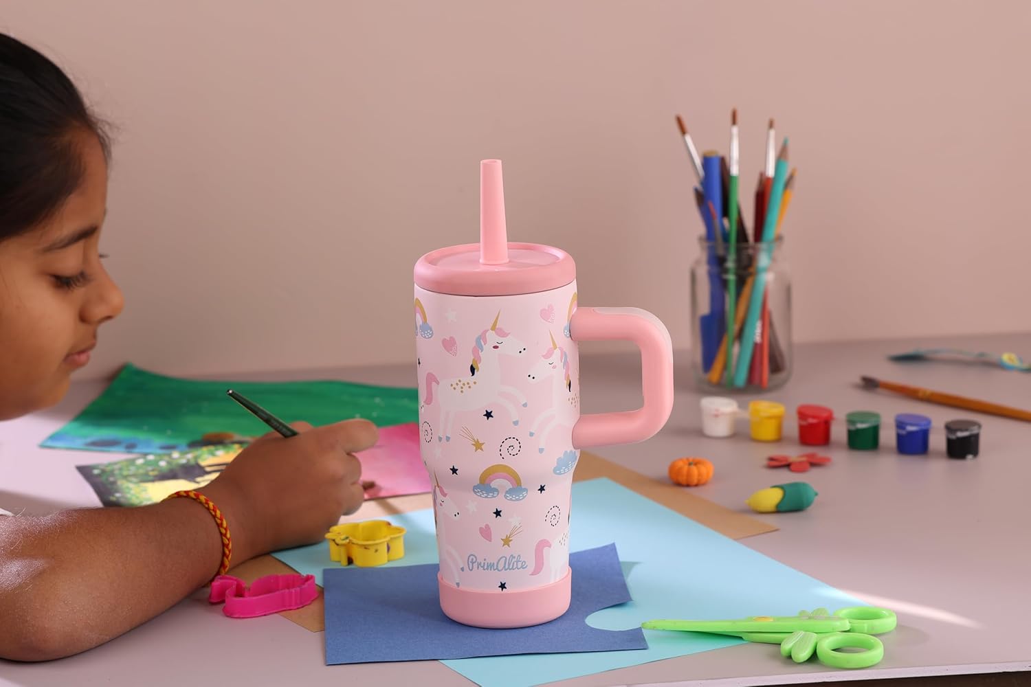 Primalite 450ML KIDS Stainless Steel Insulated Tumbler with Handle & Silicone Straw Lid- Unicorn Rainbows