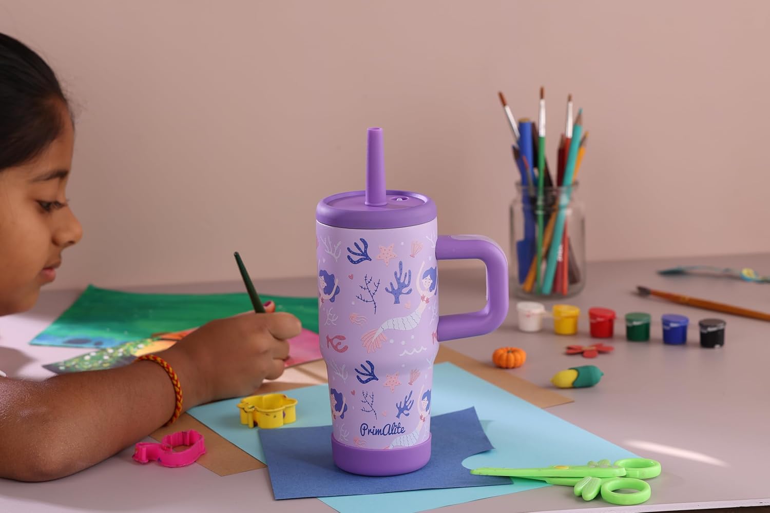Primalite 450ML KIDS Stainless Steel Insulated Tumbler with Handle & Silicone Straw Lid- Coral Mermaid