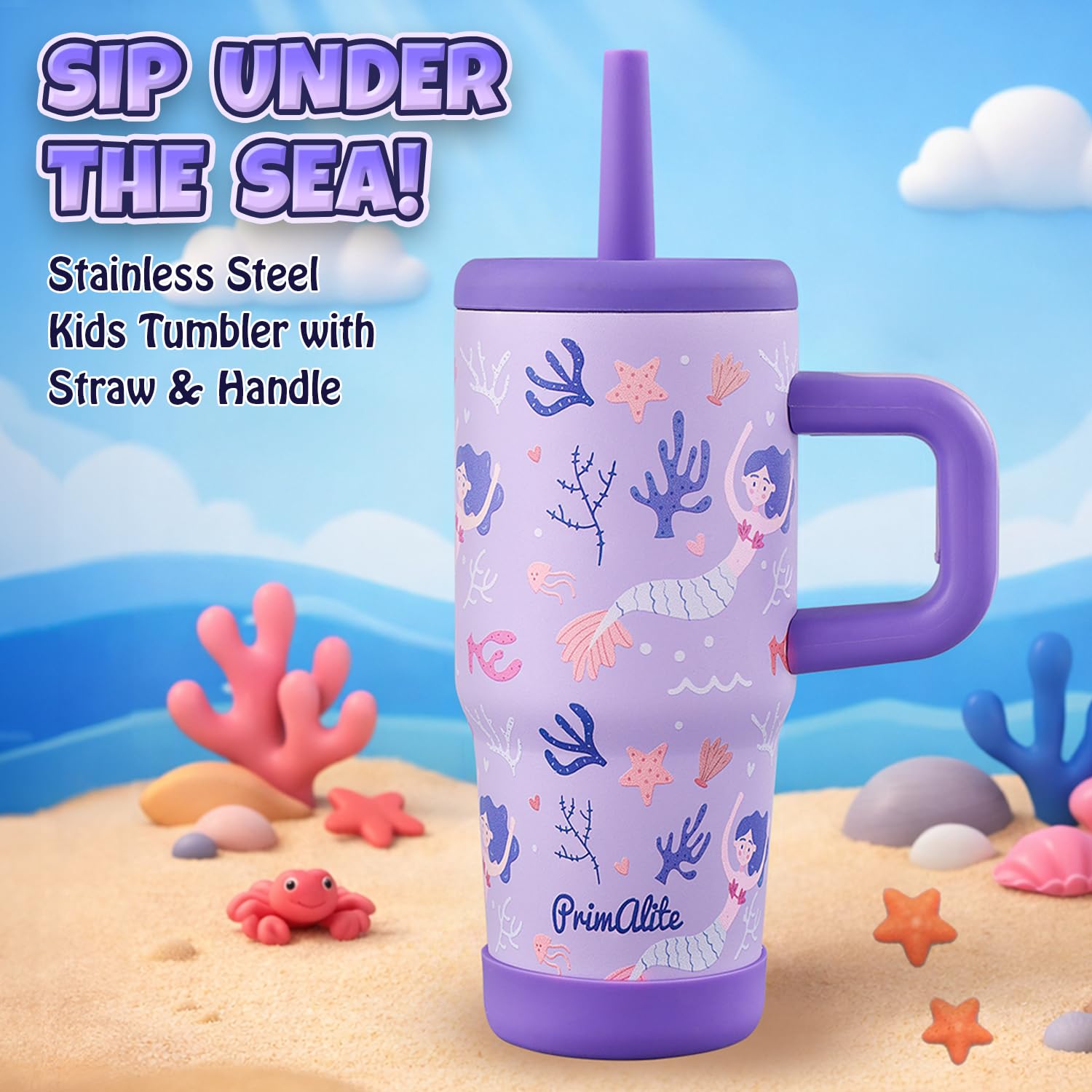 Primalite 450ML KIDS Stainless Steel Insulated Tumbler with Handle & Silicone Straw Lid- Coral Mermaid