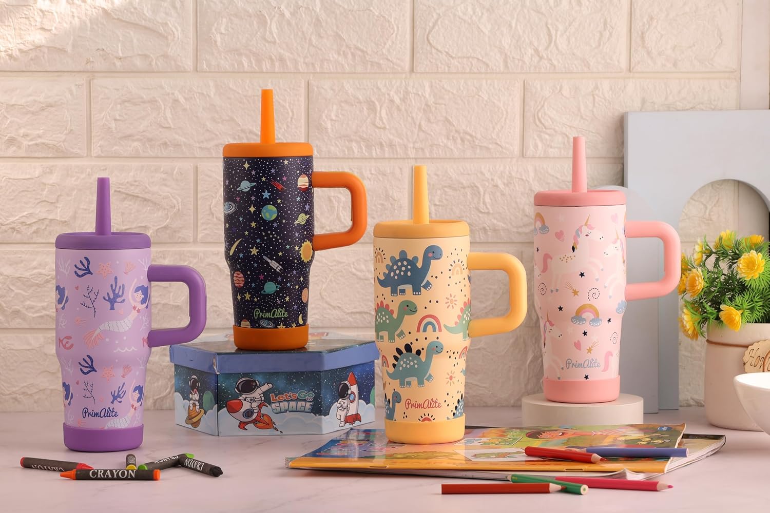 Primalite 450ML KIDS Stainless Steel Insulated Tumbler with Handle & Silicone Straw Lid- Dino Land