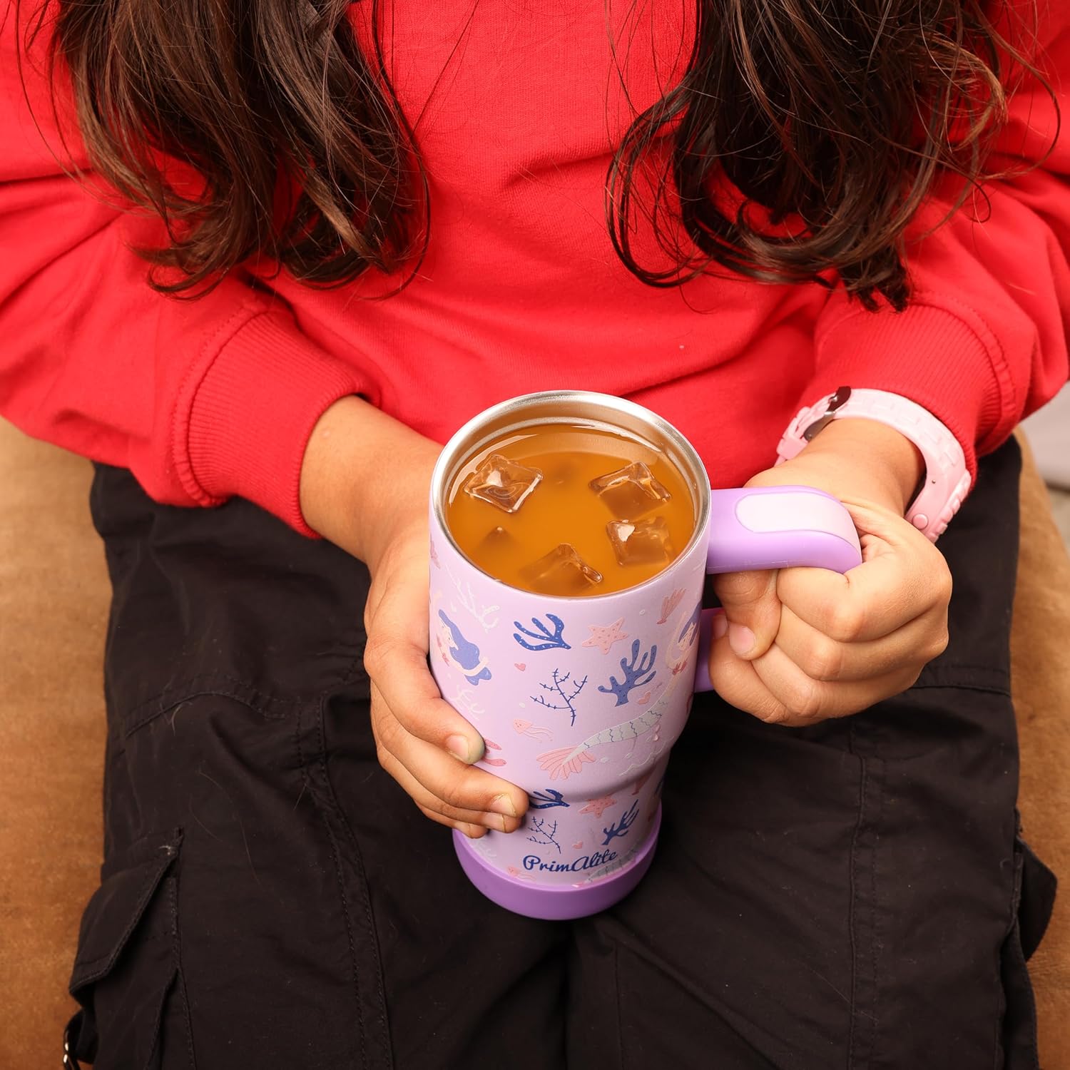 Primalite 450ML KIDS Stainless Steel Insulated Tumbler with Handle & Silicone Straw Lid- Coral Mermaid