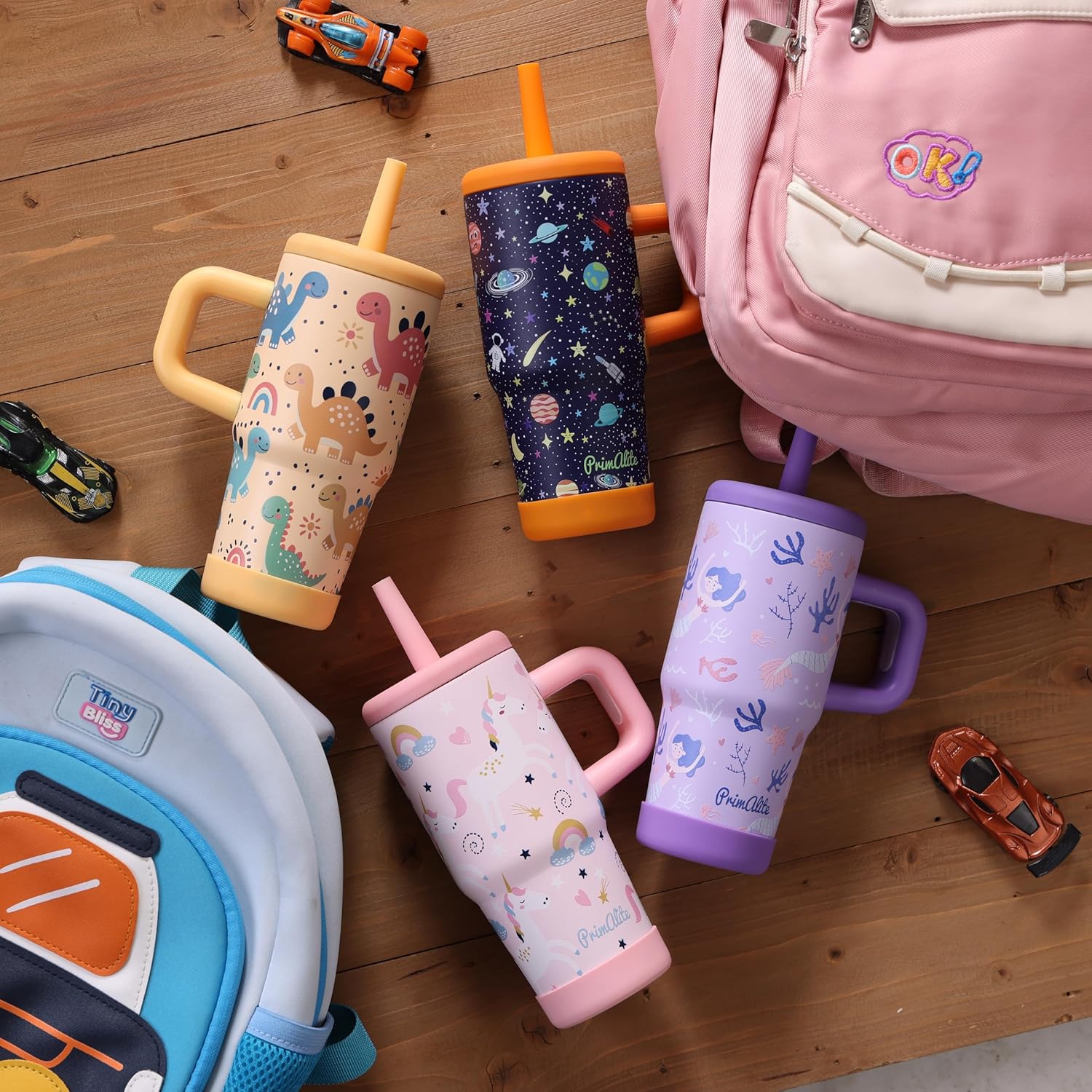 Primalite 450ML KIDS Stainless Steel Insulated Tumbler with Handle & Silicone Straw Lid- Dino Land