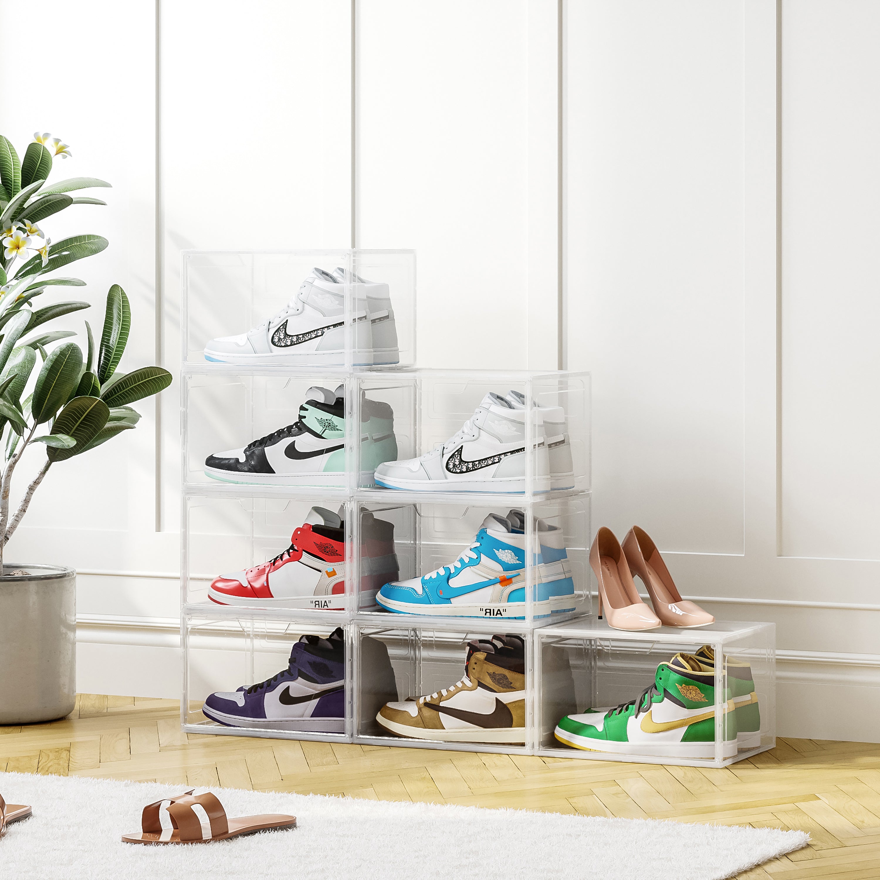Primalite Sneaker Crates Storage Box-12 Pack with DROP-SIDE Display Magnetic Door- HEAVY-DUTY | Fits Up to US: 13- CLEAR