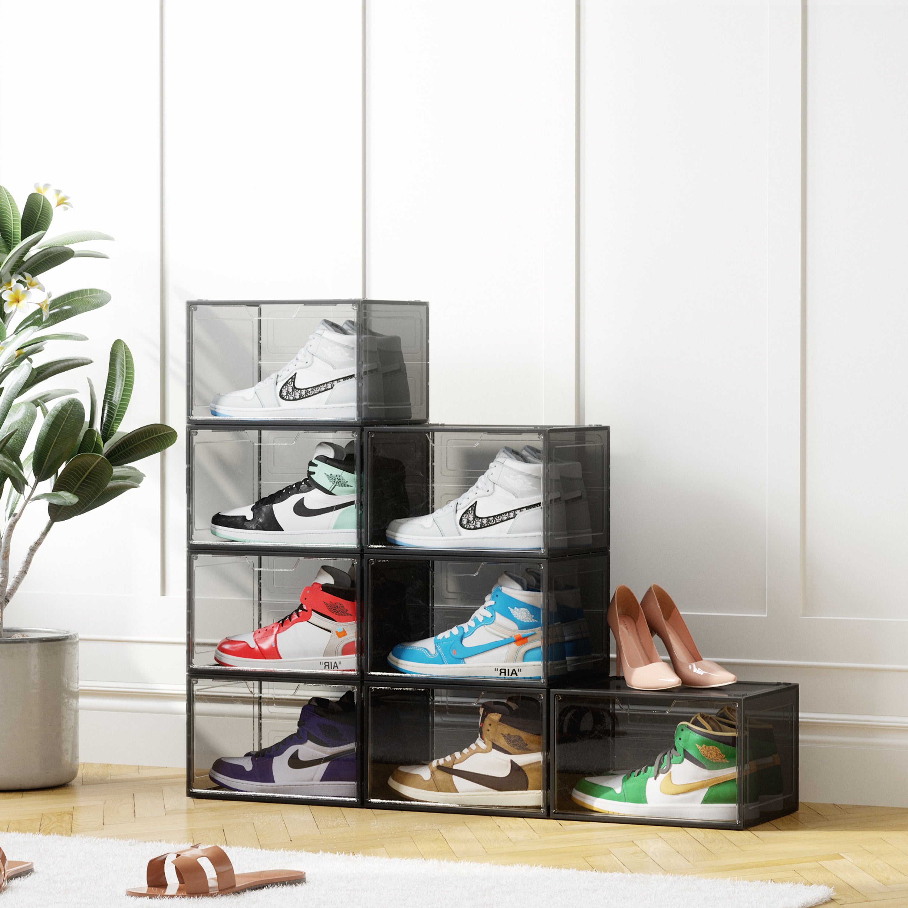 Primalite Sneaker Crates Storage Box-12 Pack with DROP-SIDE Display Magnetic Door- HEAVY-DUTY | Fits Up to US: 13- BLACK