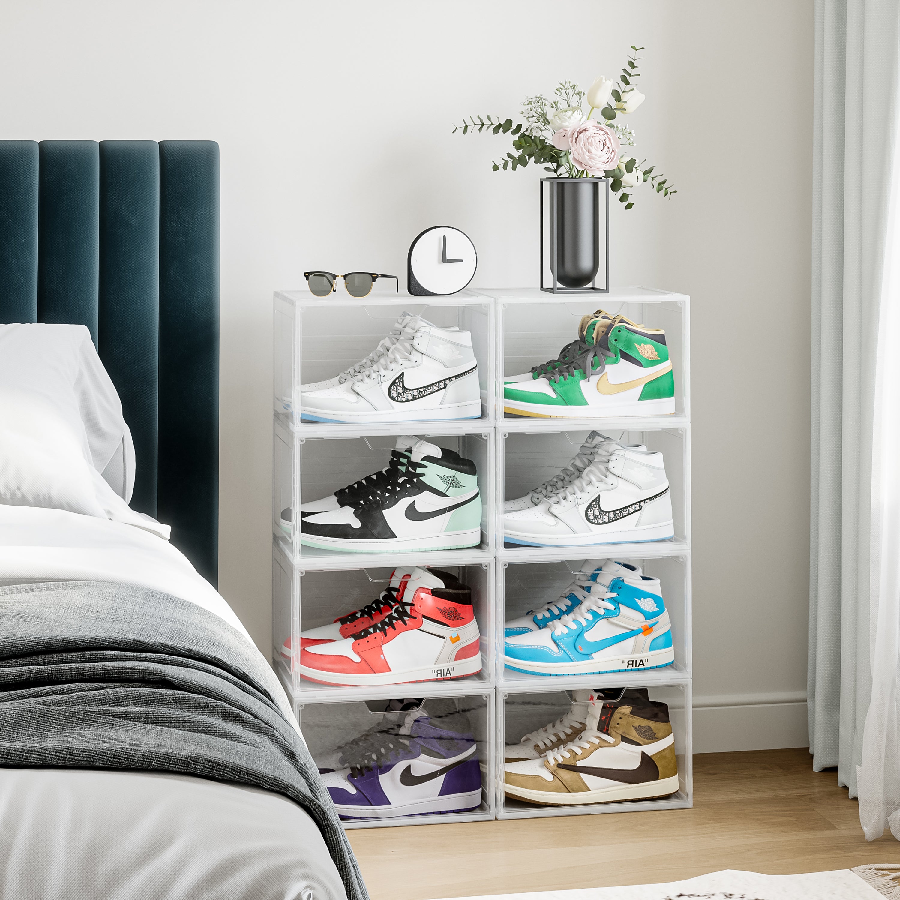 Primalite Sneaker Crates Storage Box-12 Pack with DROP-SIDE Display Magnetic Door- HEAVY-DUTY | Fits Up to US: 13- CLEAR