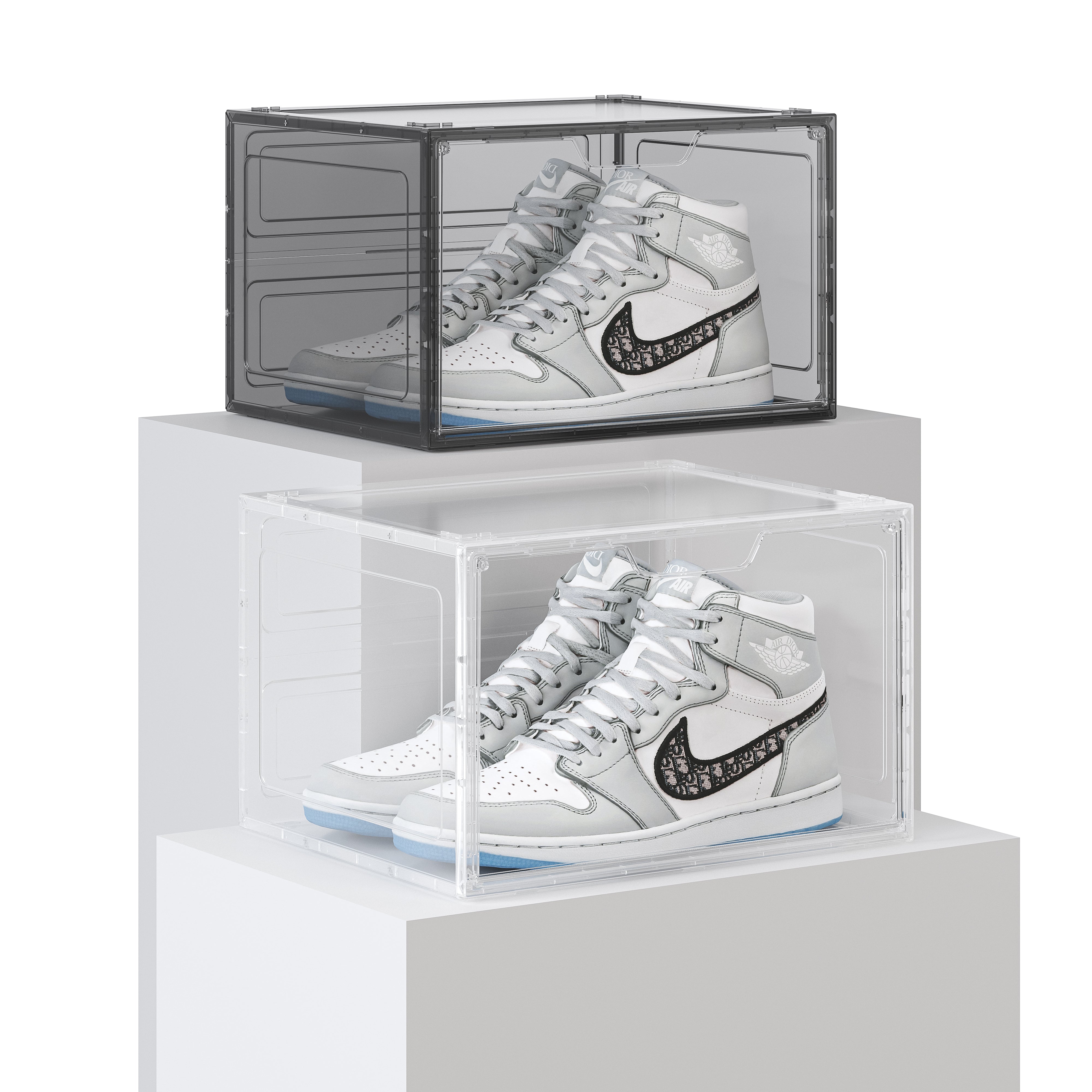 Primalite Sneaker Crates Storage Box-12 Pack with DROP-SIDE Display Magnetic Door- HEAVY-DUTY | Fits Up to US: 13- BLACK
