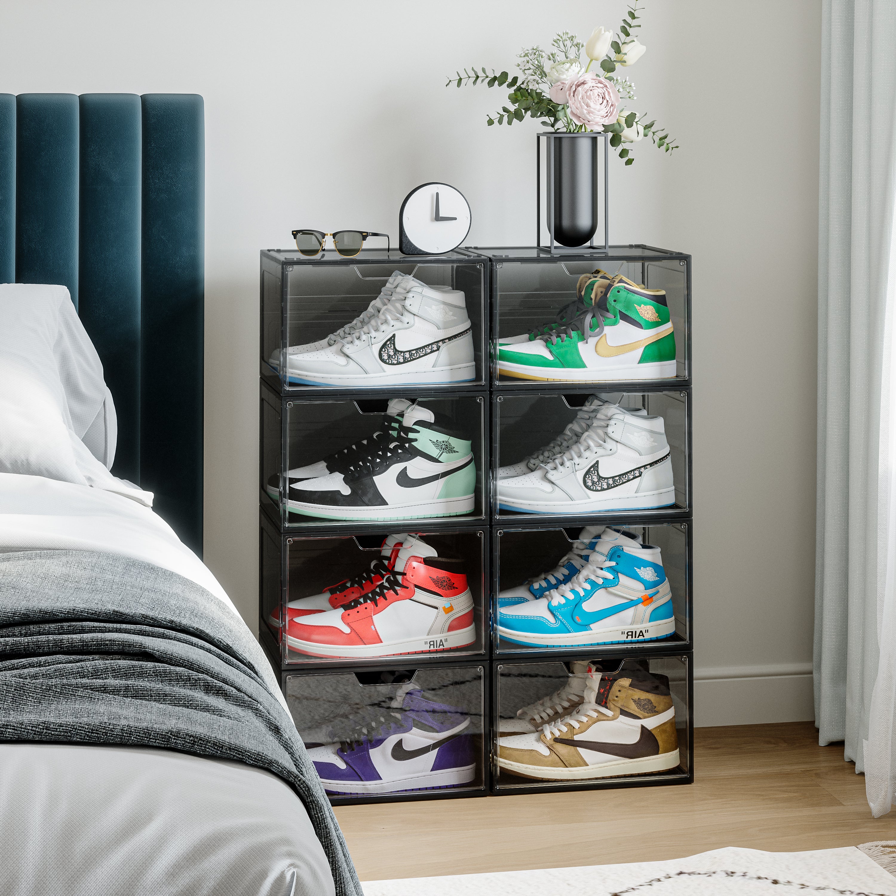Primalite Sneaker Crates Storage Box-12 Pack with DROP-SIDE Display Magnetic Door- HEAVY-DUTY | Fits Up to US: 13- BLACK
