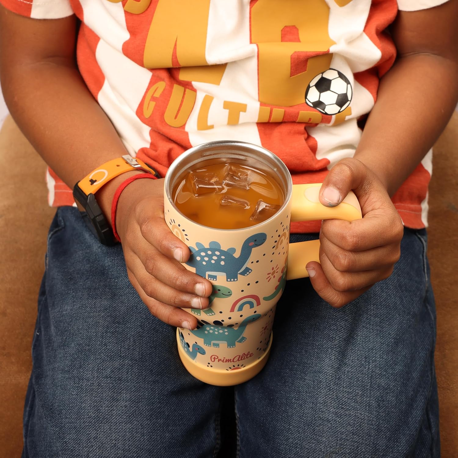 Primalite 450ML KIDS Stainless Steel Insulated Tumbler with Handle & Silicone Straw Lid- Dino Land