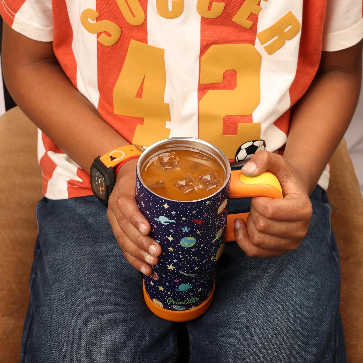 Primalite 450ML KIDS Stainless Steel Insulated Tumbler with Handle & Silicone Straw Lid- Space Explorer