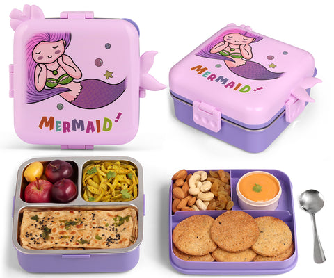 Primalite Kids Ocean Mermaid Theme Stainless Steel Bento Lunch Box for School- 1100ML Lavender