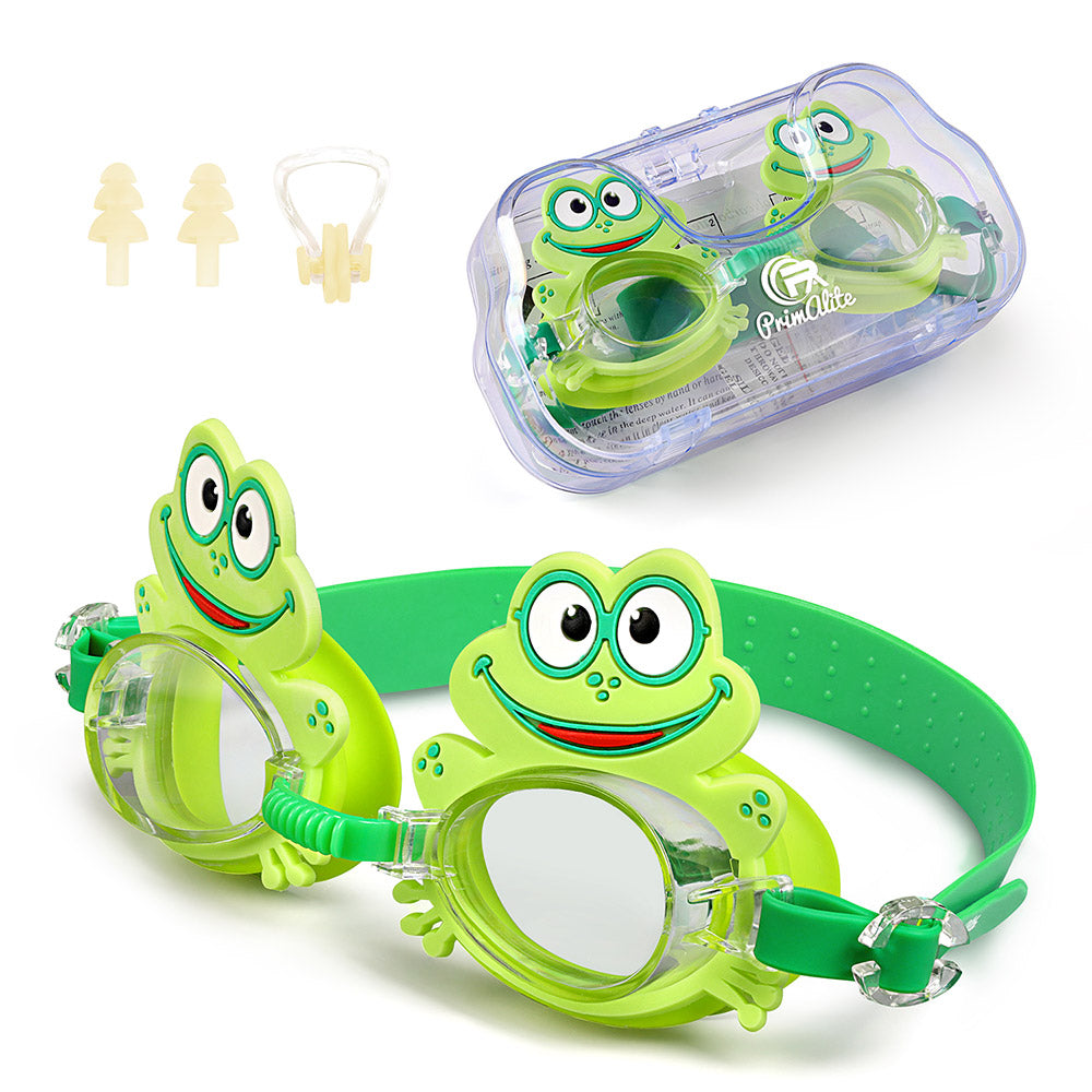 Primalite Swimming Goggles for Kids- Aged 3-12 Years Old, Fun Cartoon Design with Nose Clip & Ear Plug- Happy Frog
