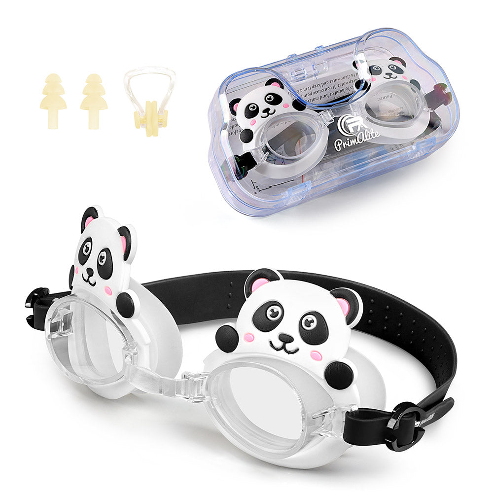 Primalite Swimming Goggles for Kids- Aged 3-12 Years Old, Fun Cartoon Design with Nose Clip & Ear Plug- Panda