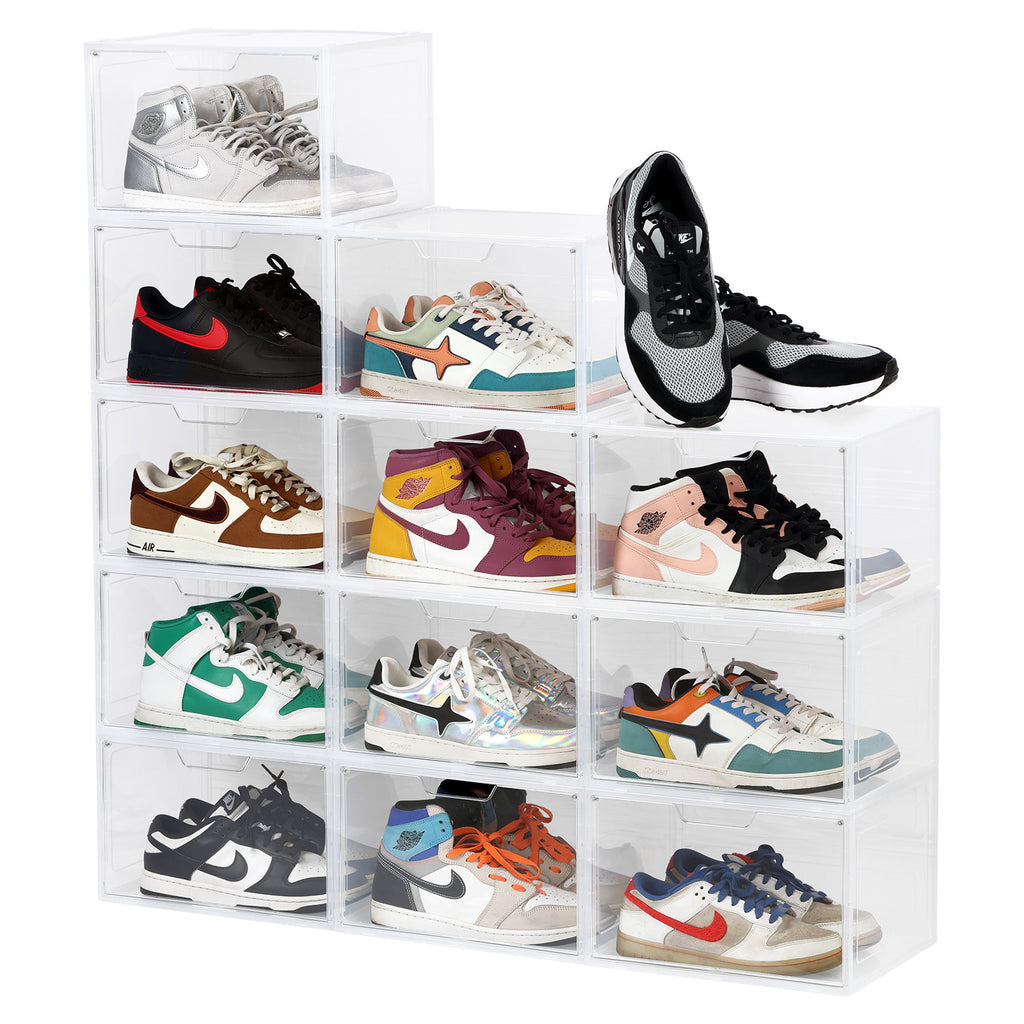 Primalite Sneaker Crates Storage Box-12 Pack with DROP-SIDE Display Magnetic Door- HEAVY-DUTY | Fits Up to US: 13- CLEAR