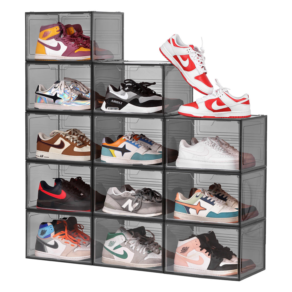 Primalite Sneaker Crates Storage Box-12 Pack with DROP-SIDE Display Magnetic Door- HEAVY-DUTY | Fits Up to US: 13- BLACK