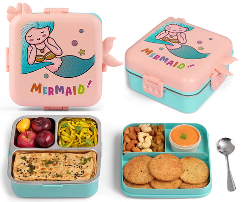 Primalite Kids Ocean Mermaid Theme Stainless Steel Bento Lunch Box for School- 1100ML Peach