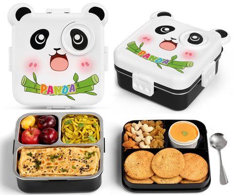 Primalite Kids Happy Panda Theme Stainless Steel Bento Lunch Box for School- 1100ML White