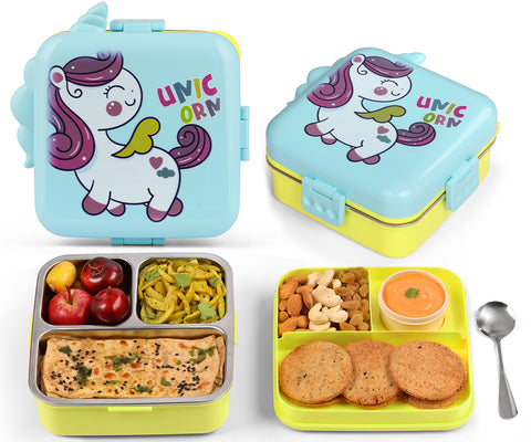 Primalite Kids Magical Unicorn Theme Stainless Steel Bento Lunch Box for School- 1100ML Sky