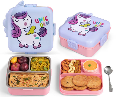 Primalite Kids Magical Unicorn Theme Stainless Steel Bento Lunch Box for School- 1100ML Lilac