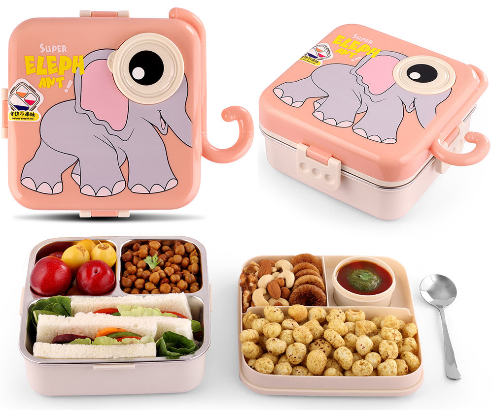 Primalite Kids Friendly Elephant Theme Stainless Steel Bento Lunch Box for School- 1100ML Pink