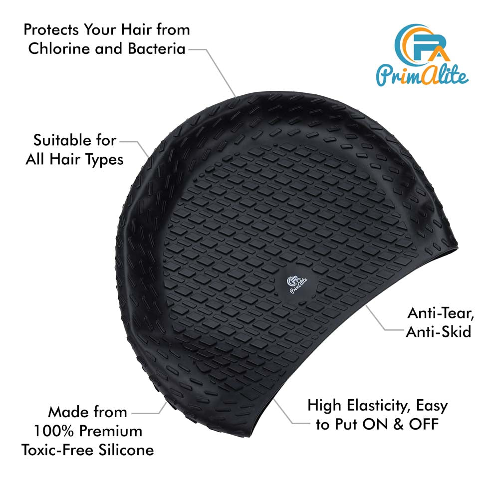 Primalite Swimming Goggles Mirrored & Swim Caps, Nose Clip, Ear Plug & Mesh Bag Set- 3 Sizes Replaceable Nose Bridge- Jet Black