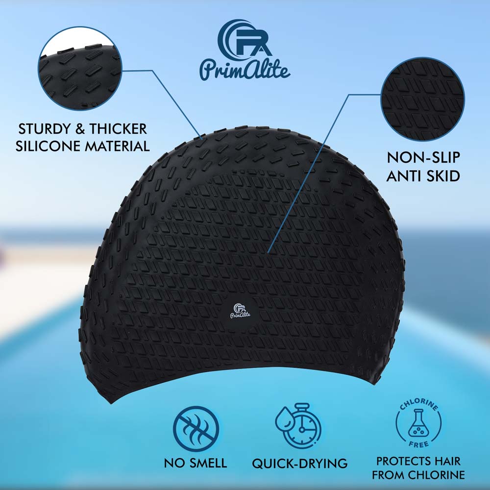Primalite Swimming Goggles Mirrored & Swim Caps, Nose Clip, Ear Plug & Mesh Bag Set- 3 Sizes Replaceable Nose Bridge- Jet Black