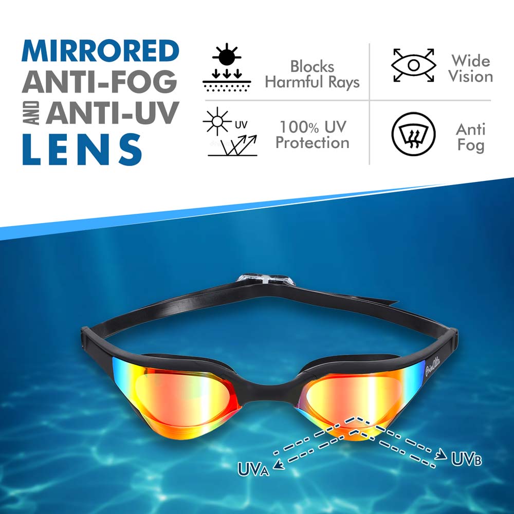 Primalite Swimming Goggles Mirrored- 3 Sizes Replaceable Nose Bridge with Nose Clip, Ear Plugs & Mesh Bag- Jet Black