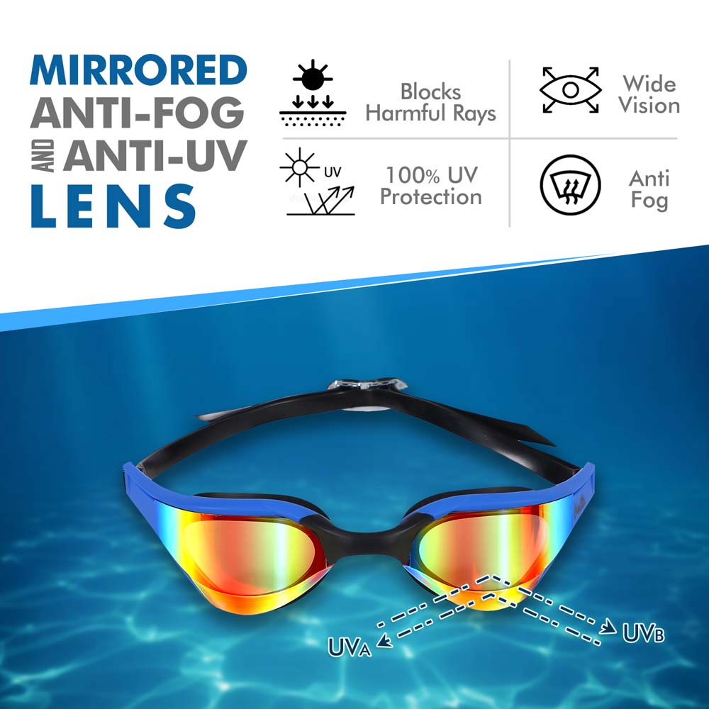 Primalite Swimming Goggles Mirrored- 3 Sizes Replaceable Nose Bridge with Nose Clip, Ear Plugs & Mesh Bag- Dark Blue