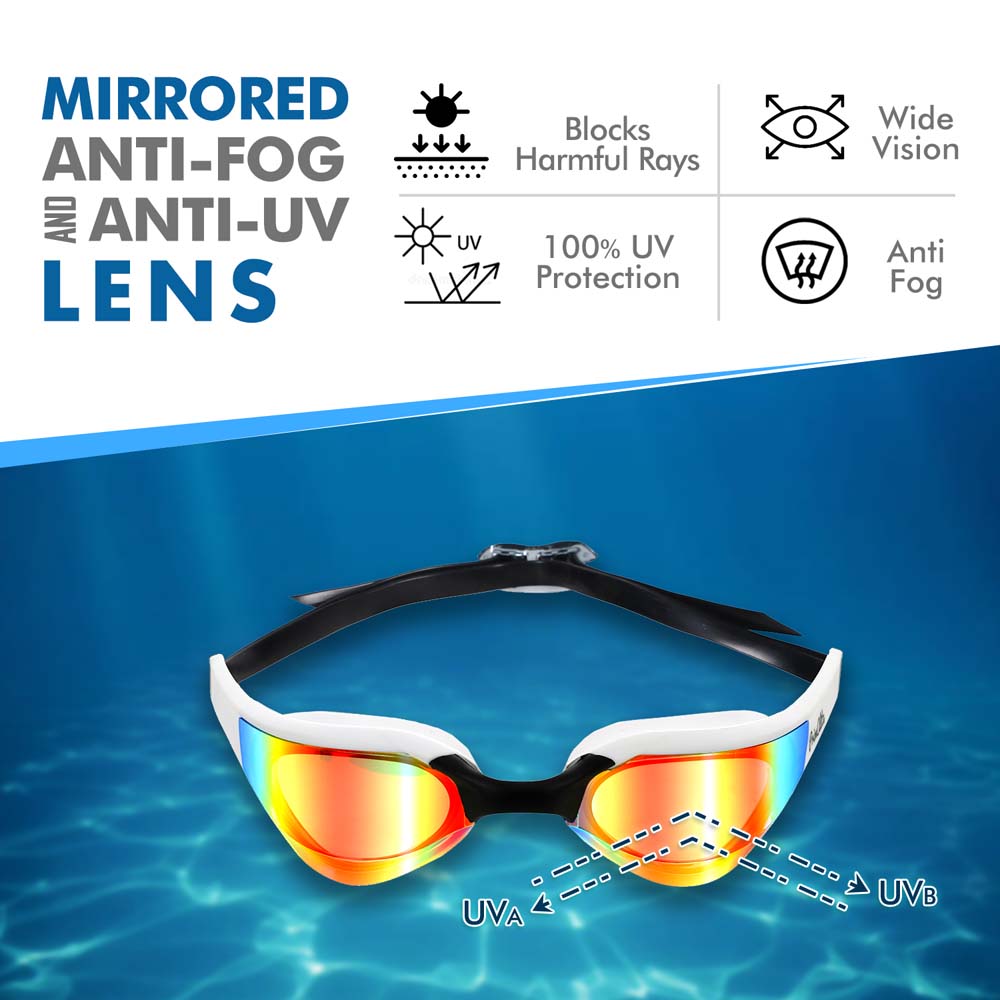 Primalite Swimming Goggles Mirrored- 3 Sizes Replaceable Nose Bridge with Nose Clip, Ear Plugs & Mesh Bag- White