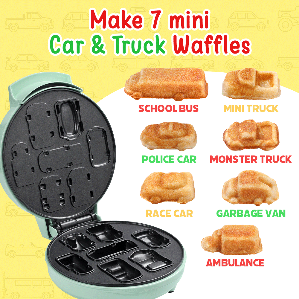 Primalite Cars & Trucks Kids Waffle Maker Machine- 700 Watts | Make 7-Mini Different Race, Police Car, Trucks & Bus Shaped Waffles or Pancakes