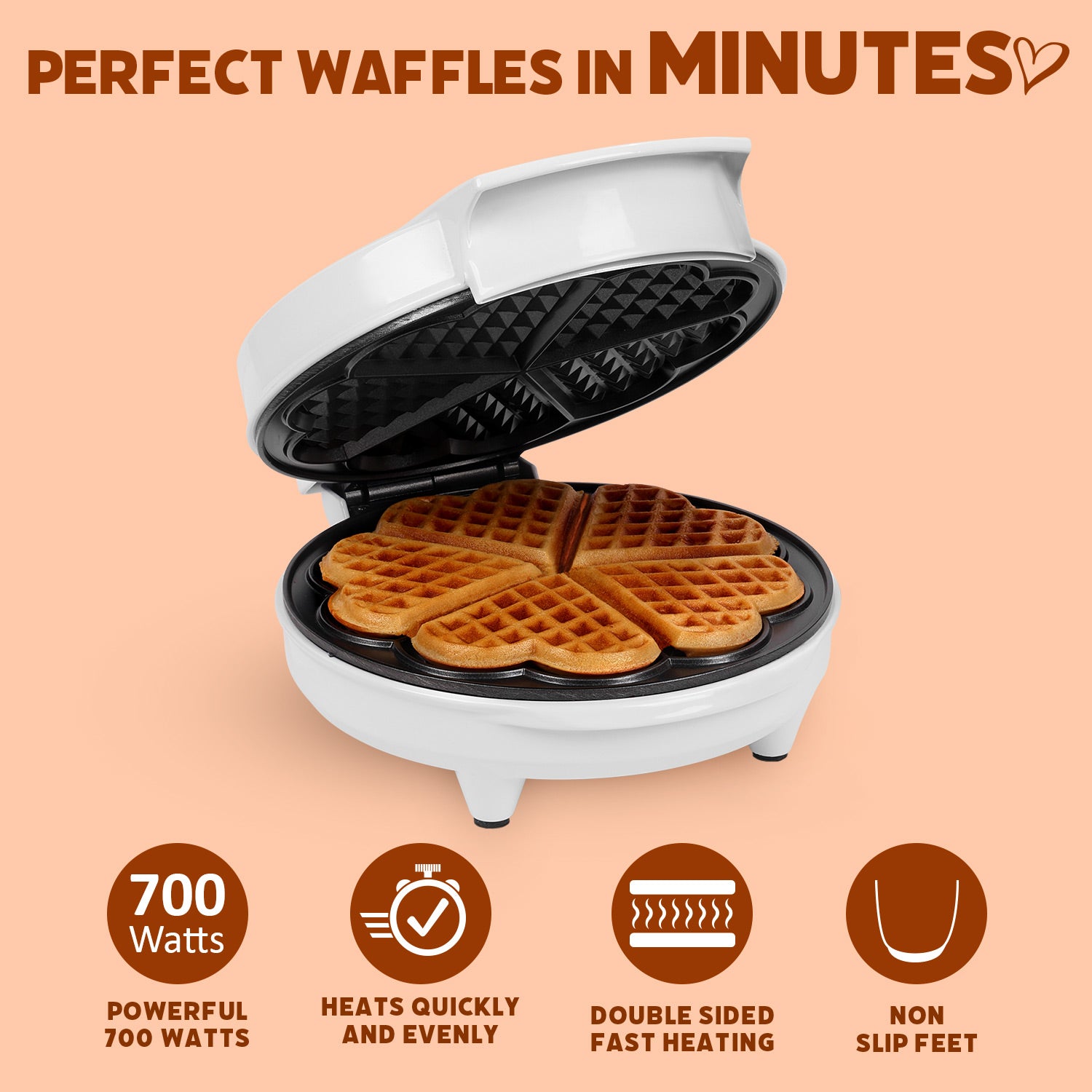 Primalite Multi Mini-HEART Waffle Maker Machine- 700 Watts | 5 Heart Waffles at once- Forst White