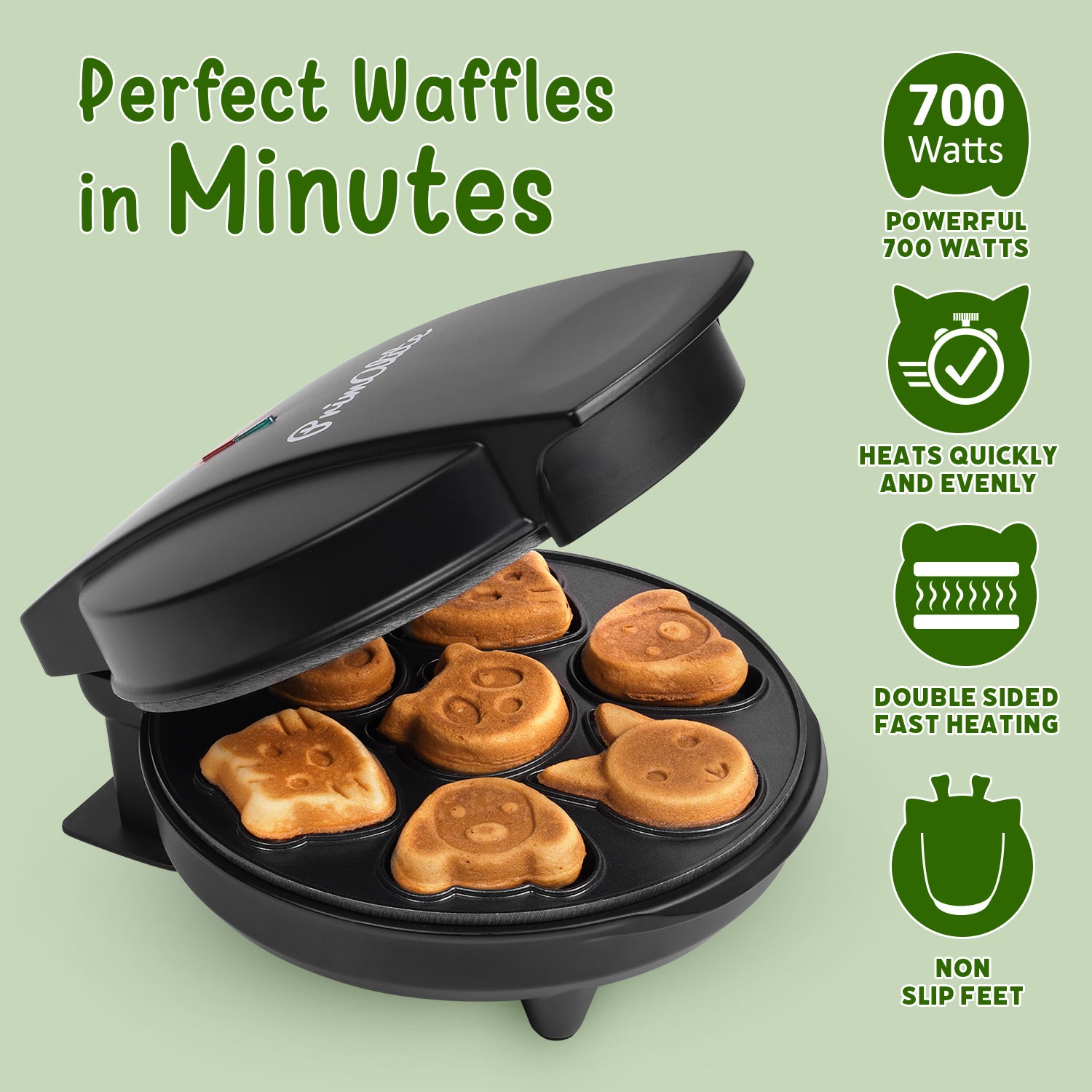Primalite Animal Waffle Maker Machine- 700 Watts | Make 7 Fun & Cool Panda, Cat, Dog, Tiger & Reindeer Shaped Waffles Or Pancakes For Kids- Matte Black