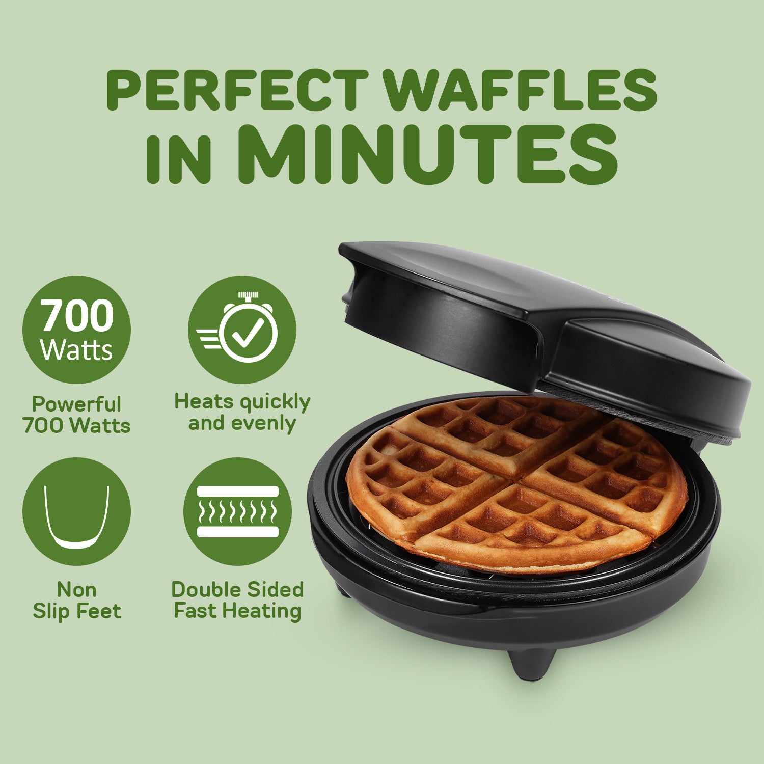 Primalite Classic 8” Belgian Waffle Maker Machine- 700 Watts- Matte Black