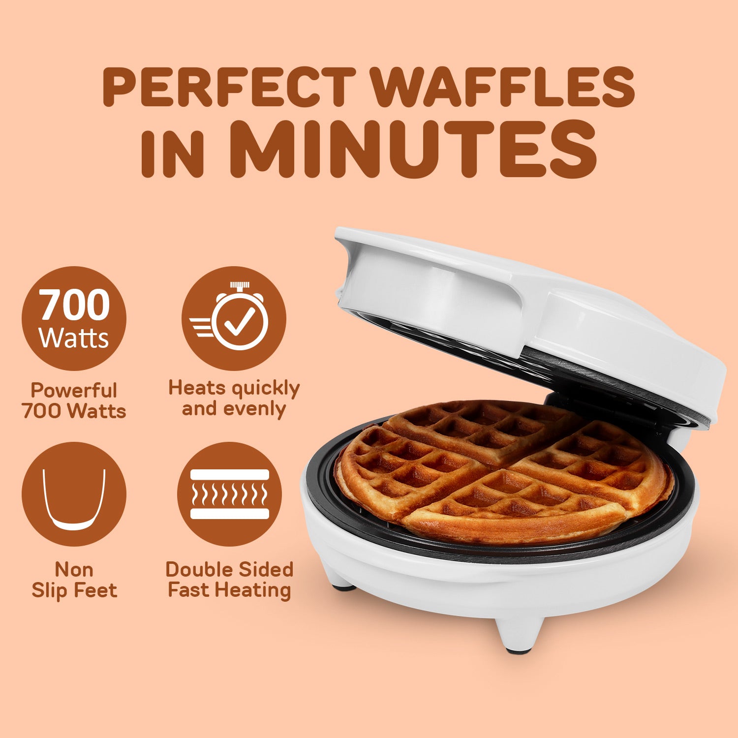 Primalite Classic 8” Belgian Waffle Maker Machine- 700 Watts- Frost White