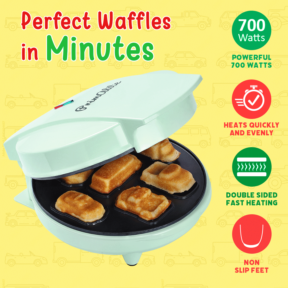 Primalite Cars & Trucks Kids Waffle Maker Machine- 700 Watts | Make 7-Mini Different Race, Police Car, Trucks & Bus Shaped Waffles or Pancakes