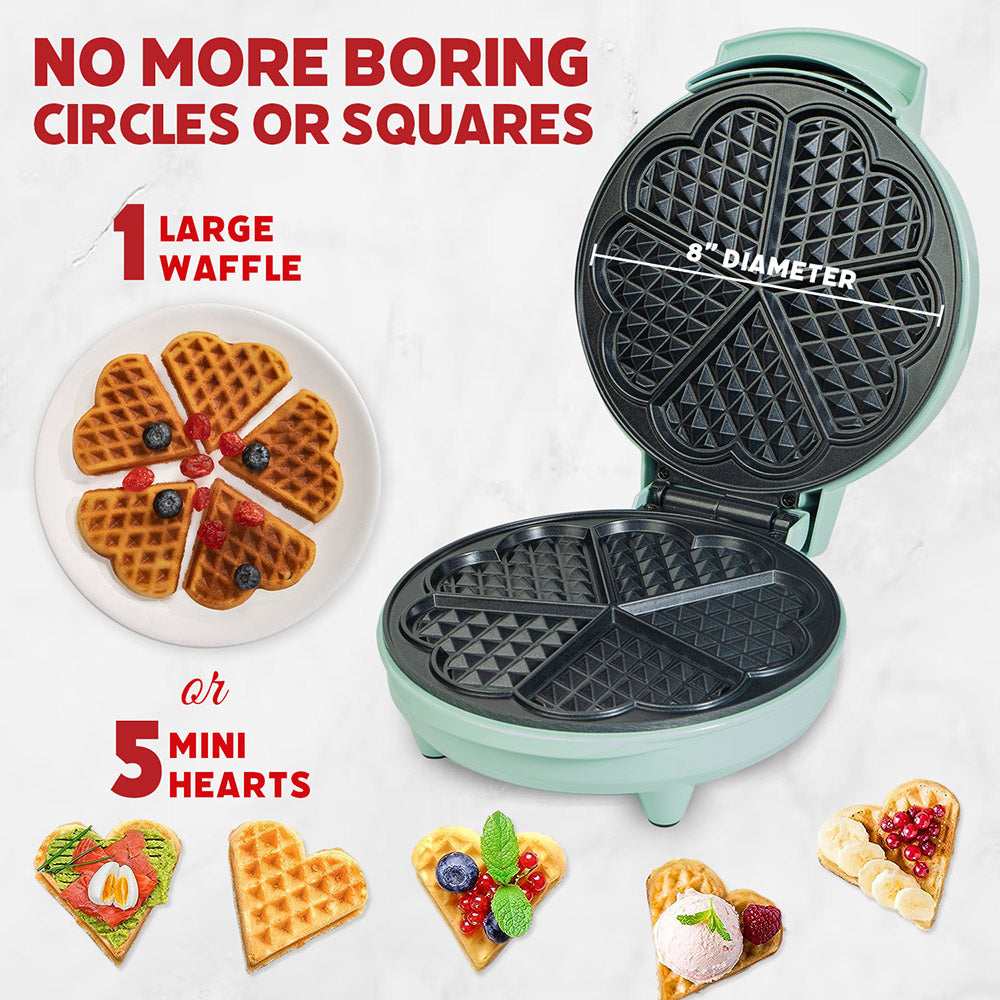 Primalite Multi Mini-HEART Waffle Maker Machine- 700 Watts | 5 Heart Waffles at once- Forst White