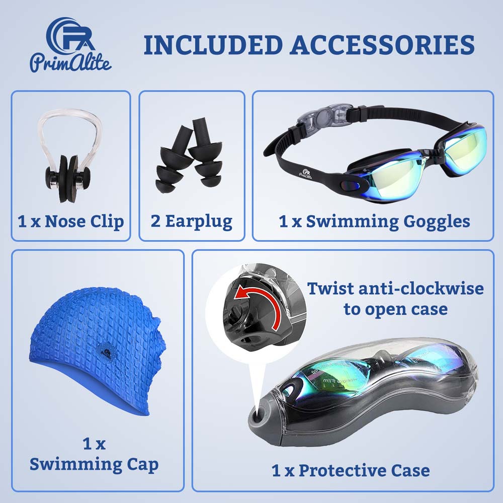 Primalite Swimming Kit- Swim Goggles and Swim Caps Combo Set with Nose Clip, Ear Plug Protection Case- Black-Blue Edition