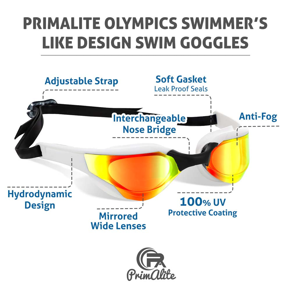 Primalite Swimming Goggles Mirrored- 3 Sizes Replaceable Nose Bridge with Nose Clip, Ear Plugs & Mesh Bag- White