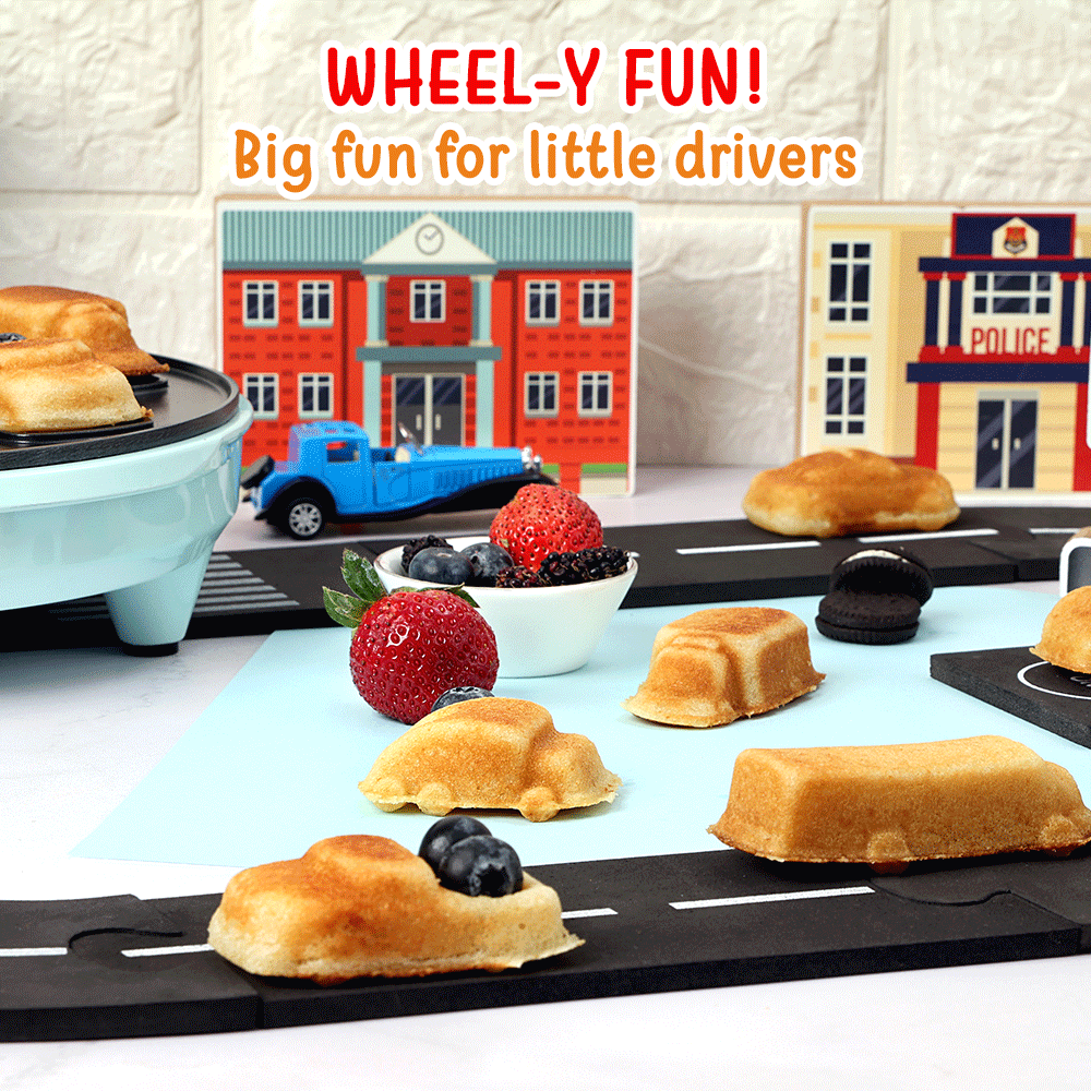 Primalite Cars & Trucks Kids Waffle Maker Machine- 700 Watts | Make 7-Mini Different Race, Police Car, Trucks & Bus Shaped Waffles or Pancakes