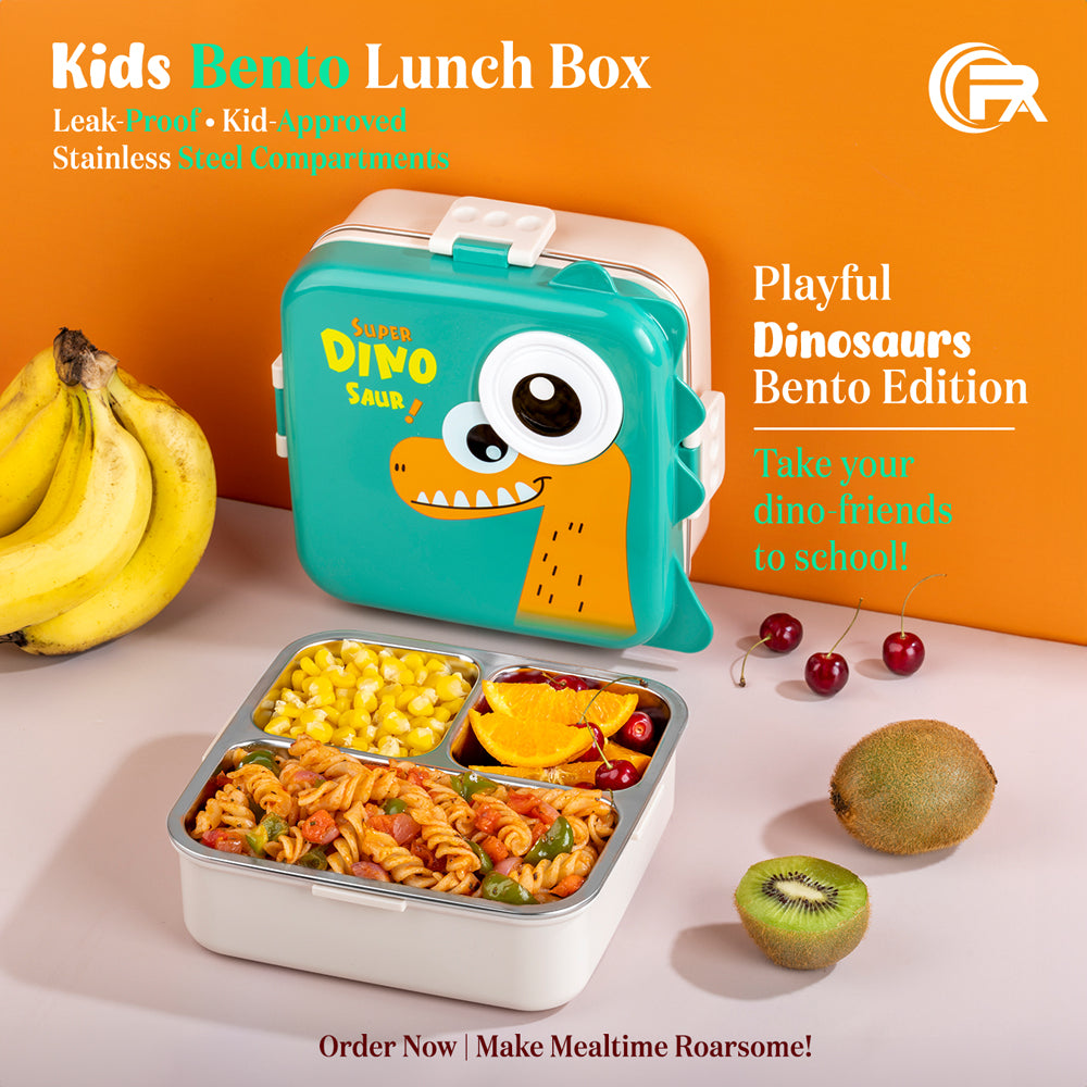 Primalite Kids Fun Dino Theme Stainless Steel Bento Lunch Box for School- 1100ML Green