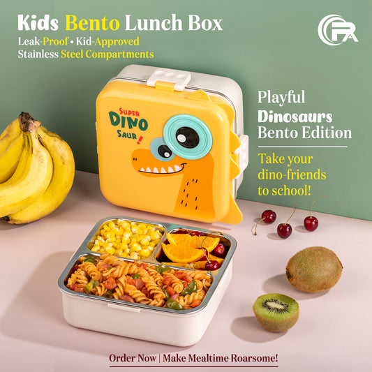 Primalite Kids Fun Dino Theme Stainless Steel Bento Lunch Box for School- 1100ML Yellow