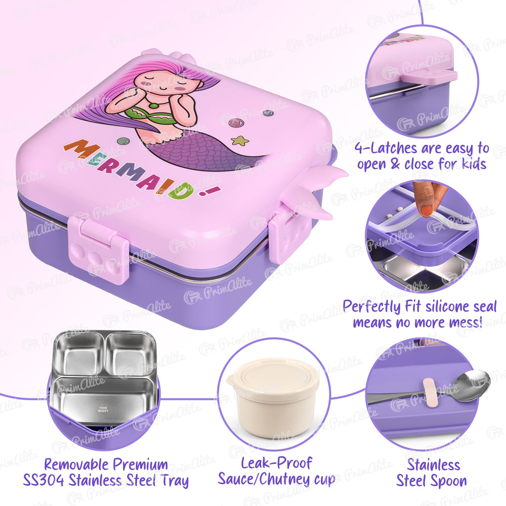 Primalite Kids Ocean Mermaid Theme Stainless Steel Bento Lunch Box for School- 1100ML Lavender