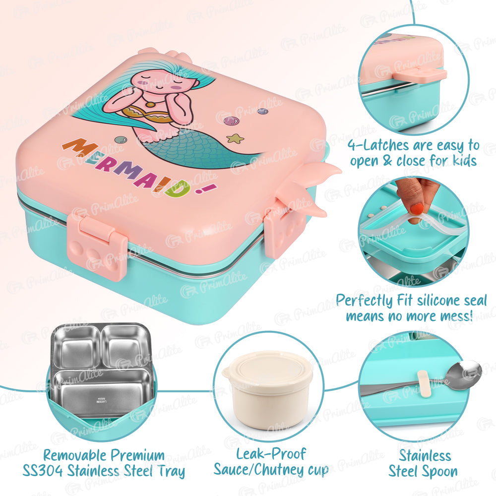 Primalite Kids Ocean Mermaid Theme Stainless Steel Bento Lunch Box for School- 1100ML Peach